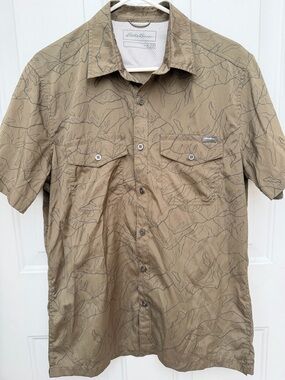 Eddie Bauer Mens M Performance Fishing Shirt Tan Camo Vented Outdoor Hiking